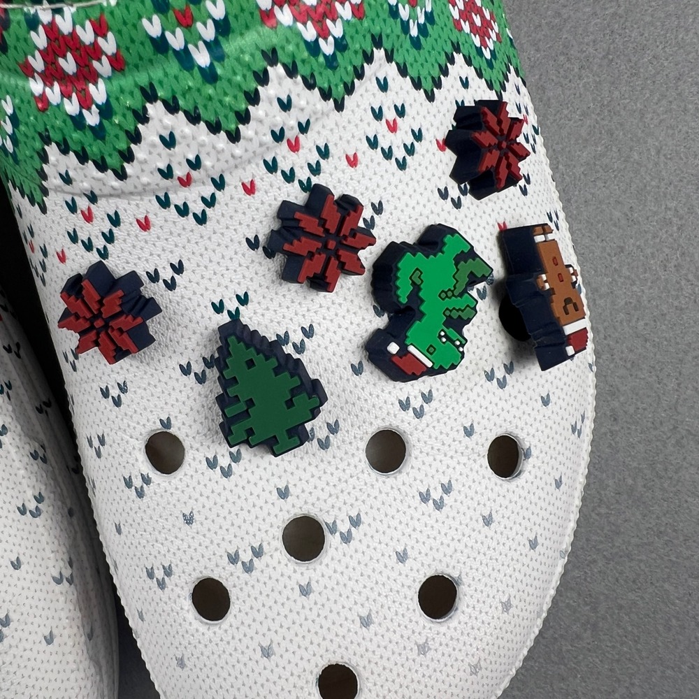 Crocs Classic Lined Clog Mens 13 White Fair Isle Holiday Christmas Pixel Jibbitz - Picture 7 of 16